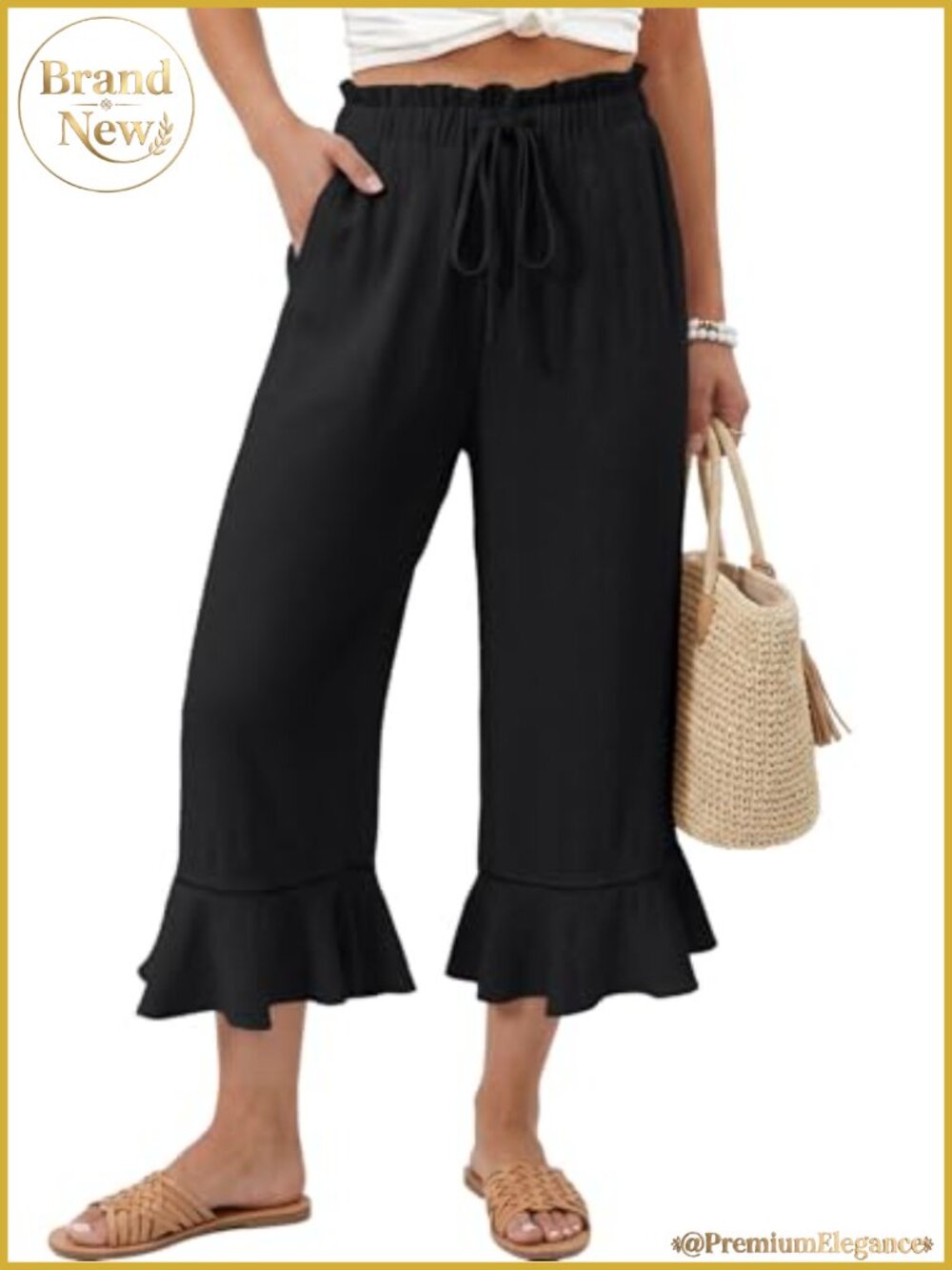 Wide Leg Linen Capri Pants with Ruffle Hem and Pockets High Rise Drawstring